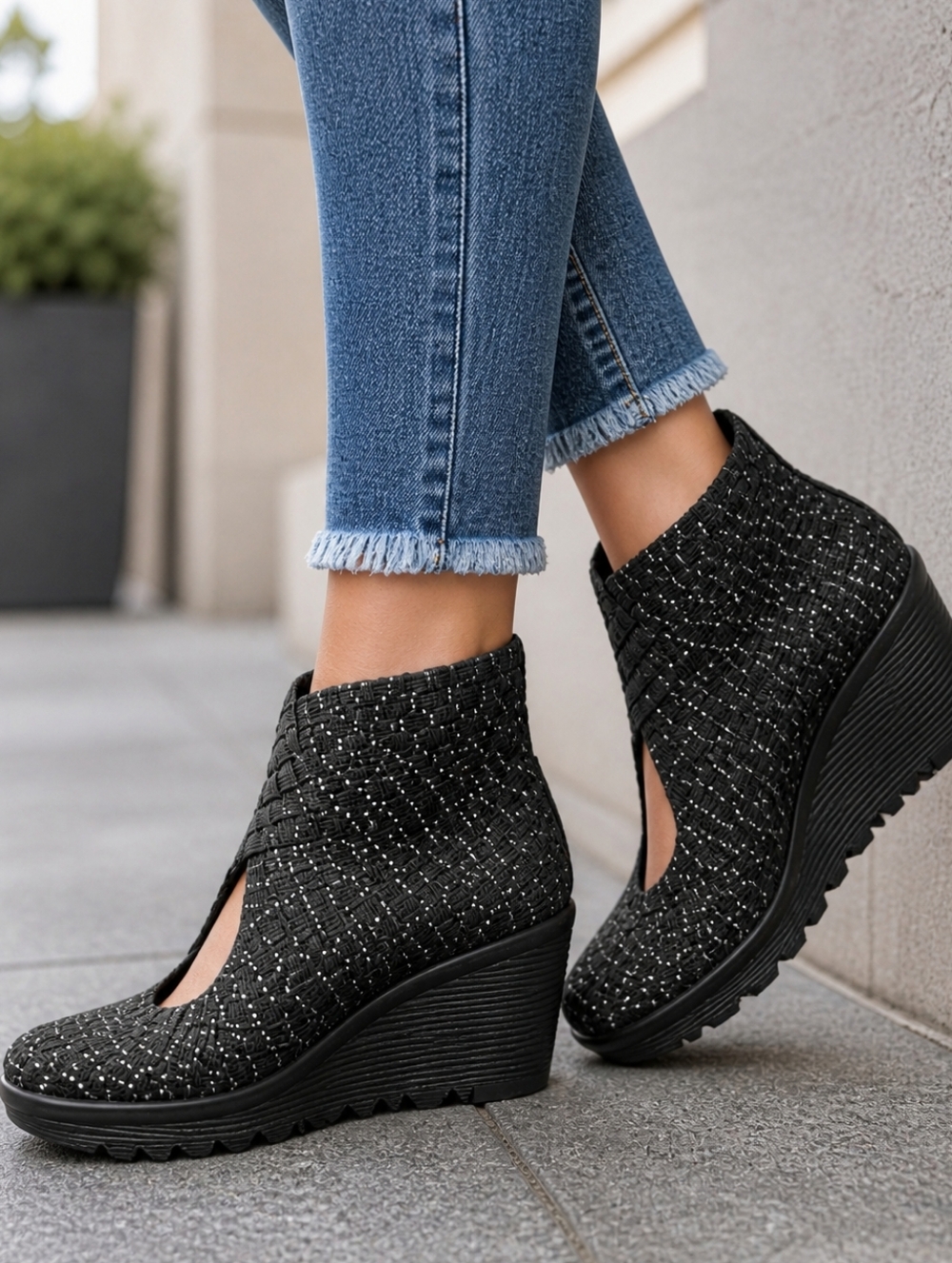 Bernie Mev Black Woven Cut-Out Wedge Booties Stretch Comfort Platform Shoes